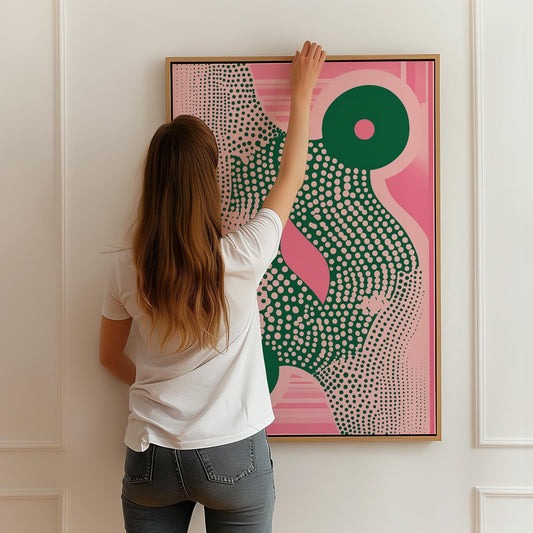 Pink and Green Geometric Abstract Canvas Art Modern Retro Wall Decor for Dining Room or Office, Mid Century Inspired Print