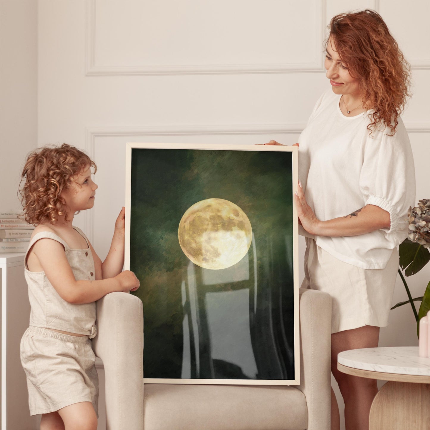 Emerald Green Moon Art | Minimalist Wall Art with Golden Circle Print - Gallery Style Canvas