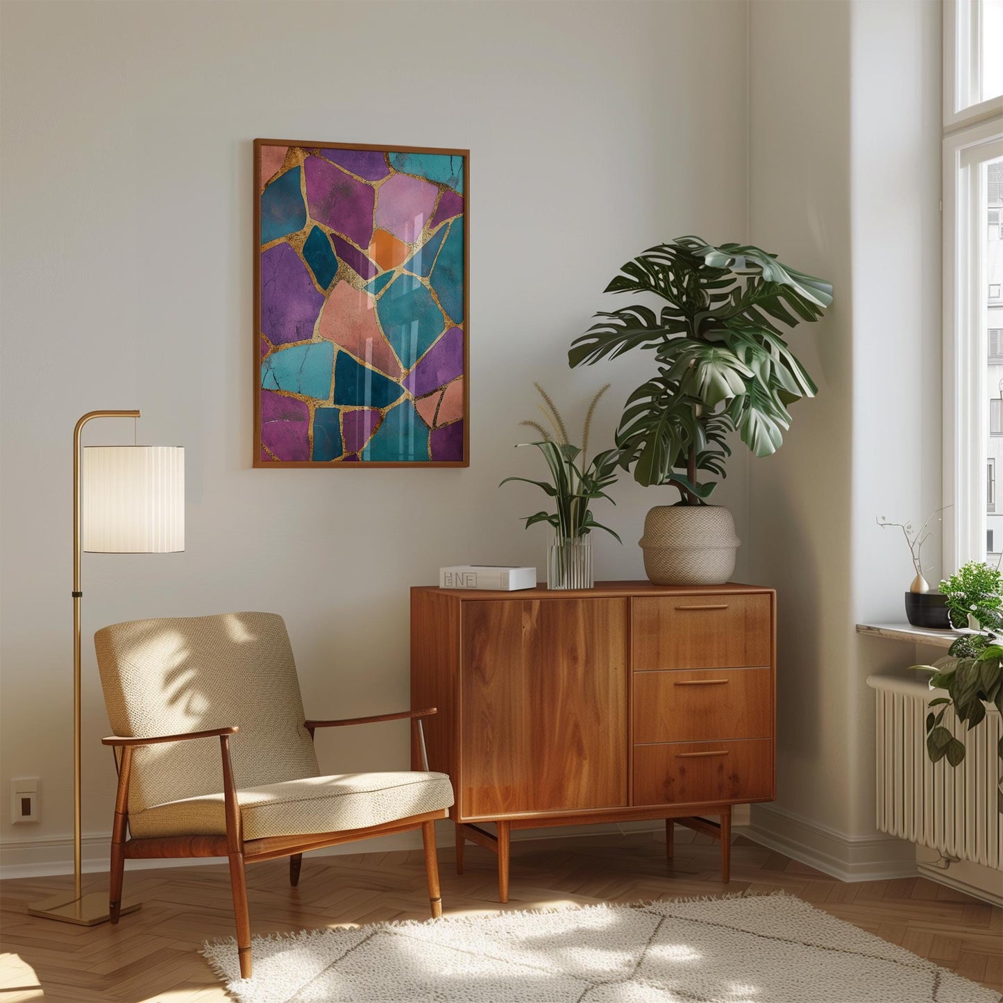 Abstract Wall Art Print - Jewel Tone Wall Art with Gold Geometric Design