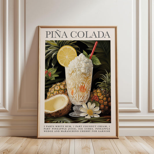 A framed poster of a Pina Colada cocktail, featuring a glass filled with the drink surrounded by various tropical fruits such as pineapple, banana, and orange.