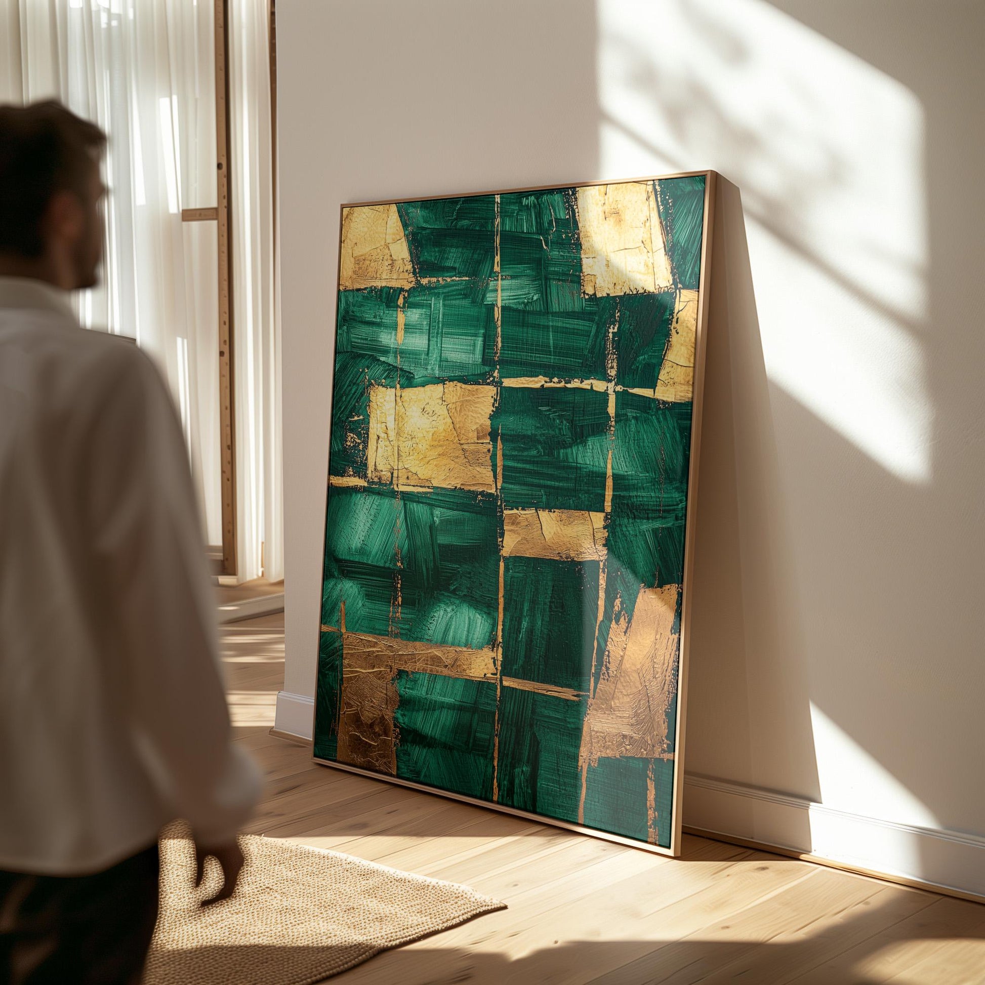 Emerald Green and Gold Abstract Canvas Print, Modern Giclée Wall Art for Dining Room or Elegant Living Space