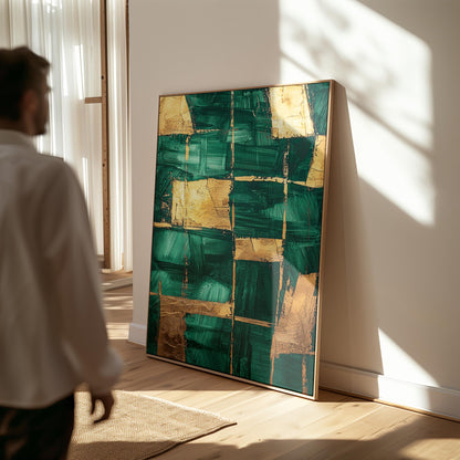 Emerald Green and Gold Abstract Canvas Print, Modern Giclée Wall Art for Dining Room or Elegant Living Space