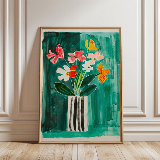 Floral Wall Art Print – Vibrant Botanical Poster with Colorful Flowers on Teal Decor