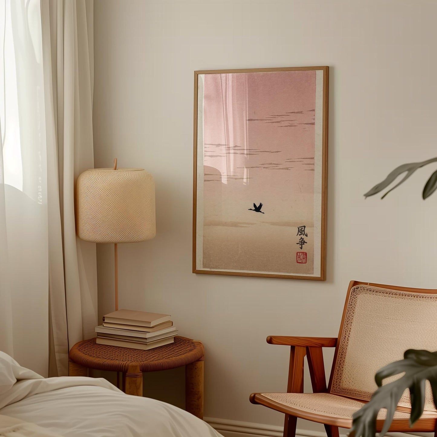 Bird Silhouette Poster - Japanese Art Print | Minimalist Pink Sky Wall Art