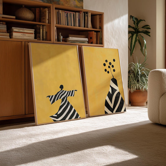 Yellow Abstract Figurative Canvas Set of 2: Modern Canvas for Living Room