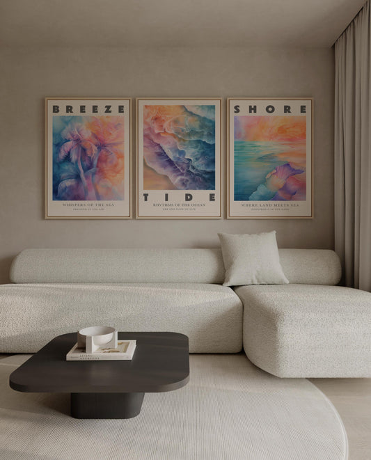 Breeze Tide Shore Canvas Wall Art Set of 3 Ocean Posters Coastal Beach Nautical Prints for Living Room Bedroom or Office
