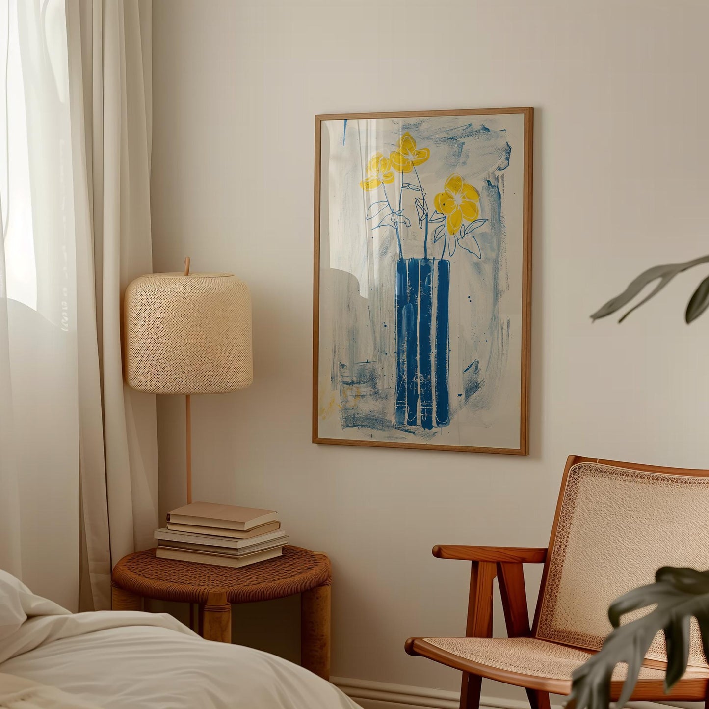 Floral Wall Art Print – Yellow Flower Print with Blue Vase Poster, Abstract Botanical Art