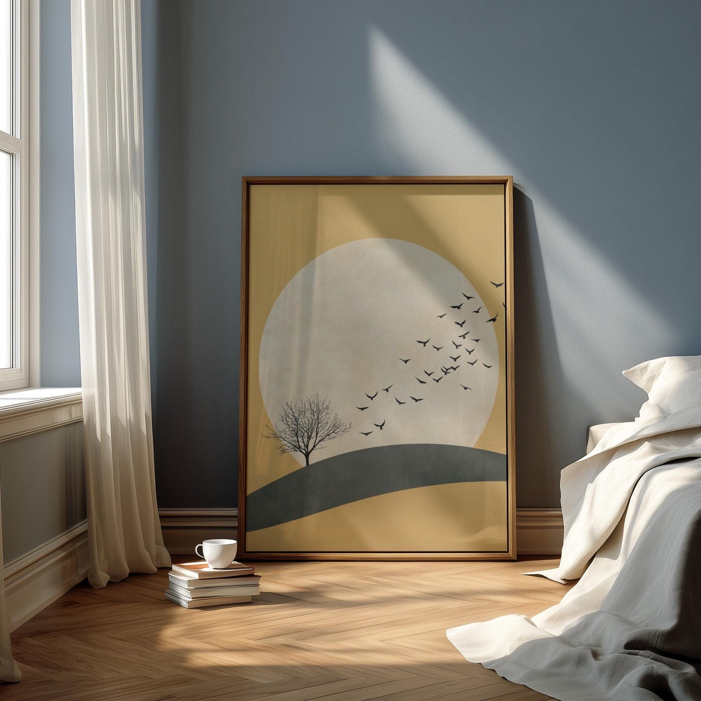 Japandi Wall Art | Yellow Sun Artwork With Flying Birds Canvas - Minimalist Decor