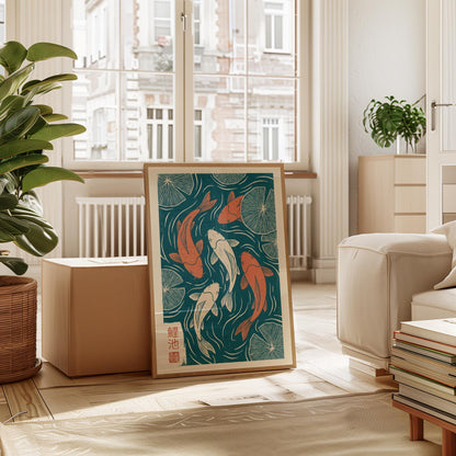 Koi Fish Art Print – Japanese Woodblock Print with Teal Orange Artwork