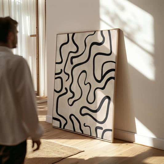 Black and White Abstract Line Canvas Wall Art with Floating Frame Modern Minimalist Print for Living Room Decor