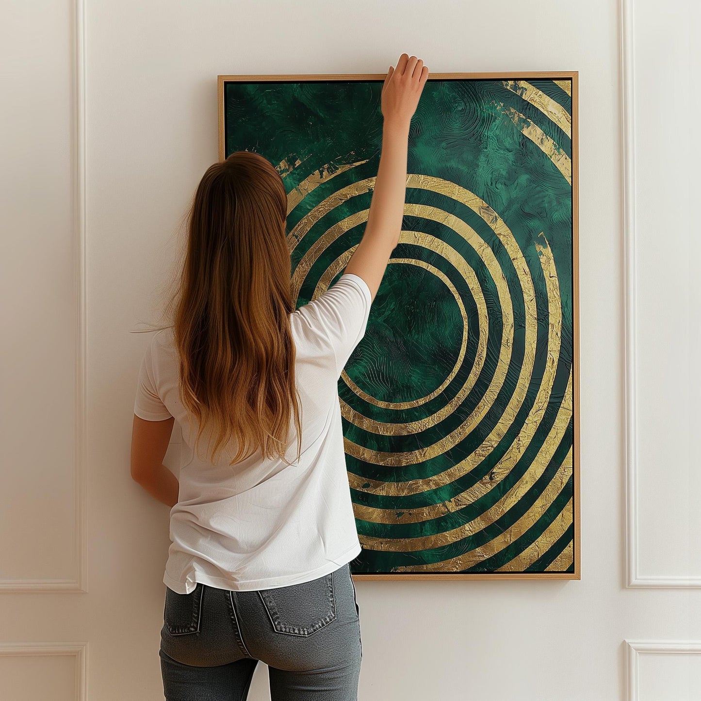 Emerald Green Gold Circle Canvas Print, Luxury Giclée Abstract Wall Art for Modern Interior or Office