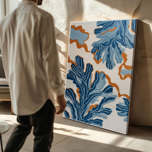 Blue Botanical Abstract Canvas Wall Art with Floating Frame Modern Nature Inspired Print for Living Room or Bedroom