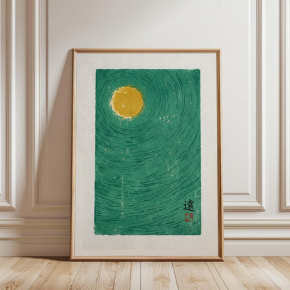 Teal Moon Art Print – Minimalist Japanese Poster with Birds and Zen Decor