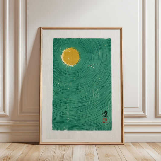 Teal Moon Art Print – Minimalist Japanese Poster with Birds and Zen Decor