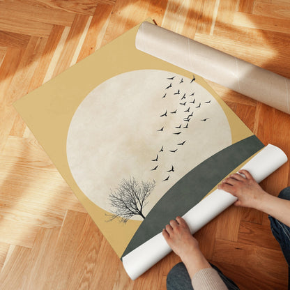 Japandi Wall Art | Yellow Sun Artwork With Flying Birds Canvas - Minimalist Decor