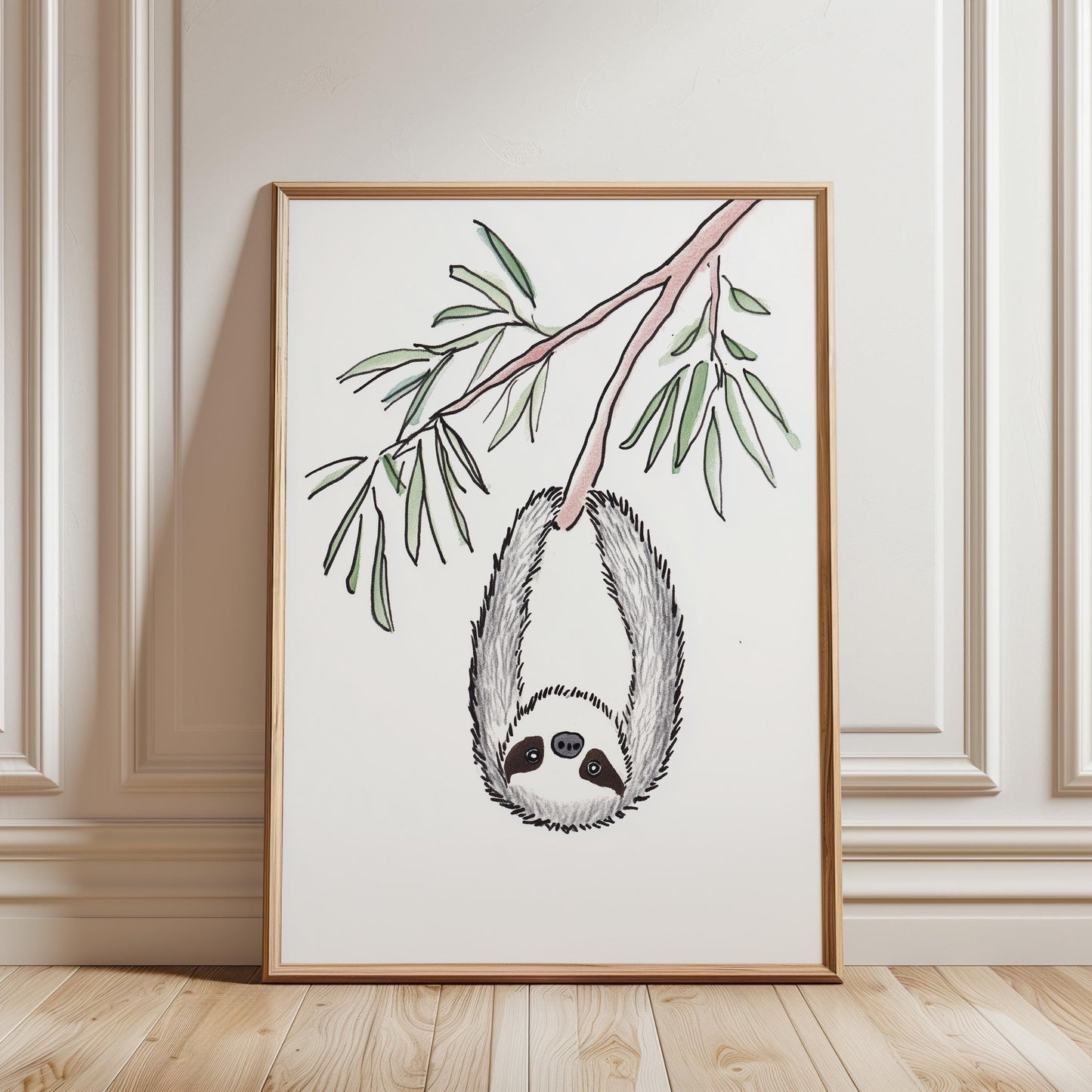 Sloth Watercolor Print – Nursery Wall Art with Eucalyptus Branch & Cute Animal Decor