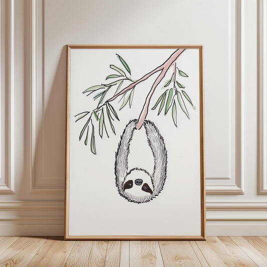 Sloth Watercolor Print – Nursery Wall Art with Eucalyptus Branch & Cute Animal Decor