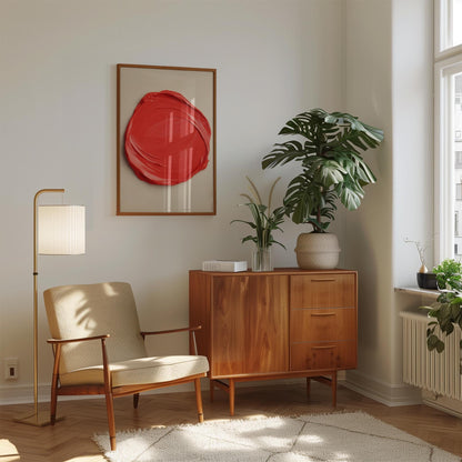 Red Circle Wall Art - Modern Abstract Art Print With Swirling Brushstroke Design