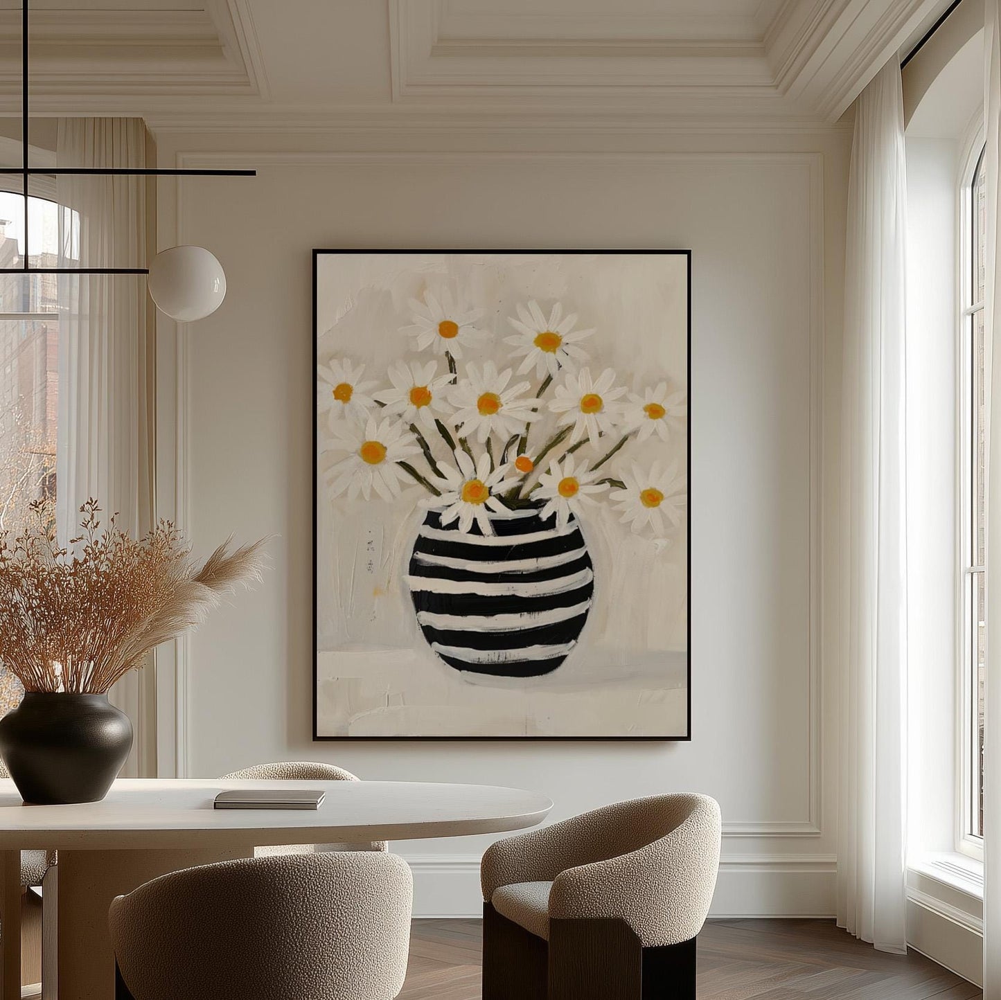 Daisy Flower Canvas Wall Art Modern Botanical Print Black and White Vase Large Floral Painting for Dining Room or Living Room