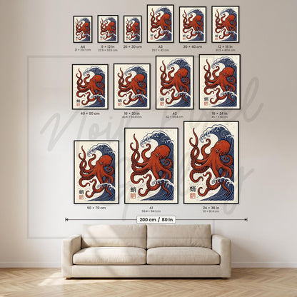 Octopus Art Print – Japanese Woodblock Print Coastal Wall Decor with Wave Art Poster