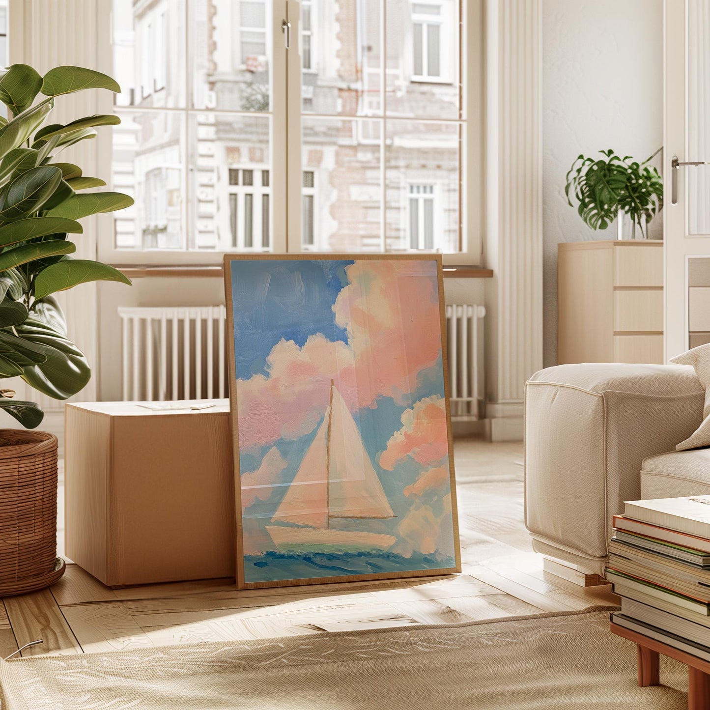 Sailboat Art Print – Nautical Wall Art With Soft Pastel Sky & Calm Ocean Scene