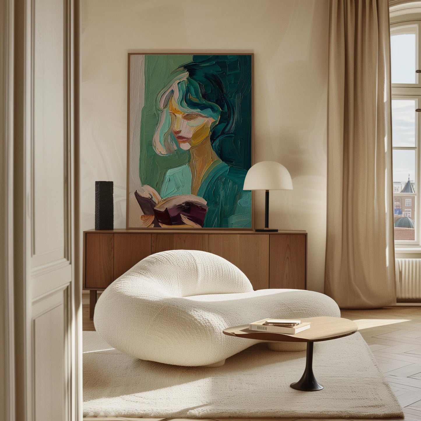 Abstract Figurative Canvas Wall Art – Modern Portrait of Woman Reading Giclée Print with Floating Frame