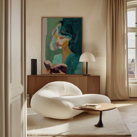 Abstract Figurative Canvas Wall Art – Modern Portrait of Woman Reading Giclée Print with Floating Frame