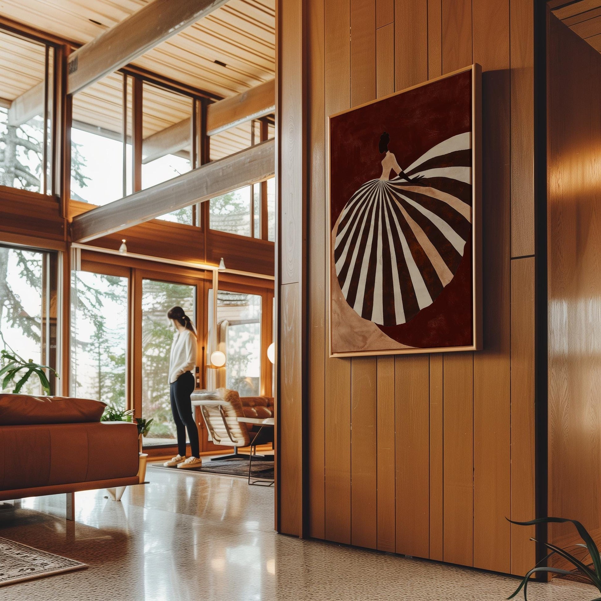 Brown and Beige Figurative Canvas Wall Art with Striped Dress Floating Frame Modern Feminine Print for Living Room