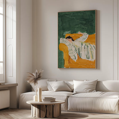 Green and Yellow Figurative Canvas Wall Art with Floating Frame Relaxing Modern Painting for Living Room Decor