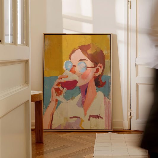 Figurative Canvas Wall Art Woman with Sunglasses Drinking Wine Colorful Abstract Framed Painting