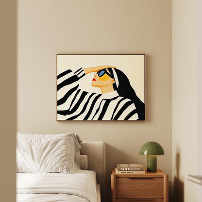 Stylish Woman in Striped Sweater Giclée Canvas Print Modern Fashion Wall Art for Living Room or Bedroom