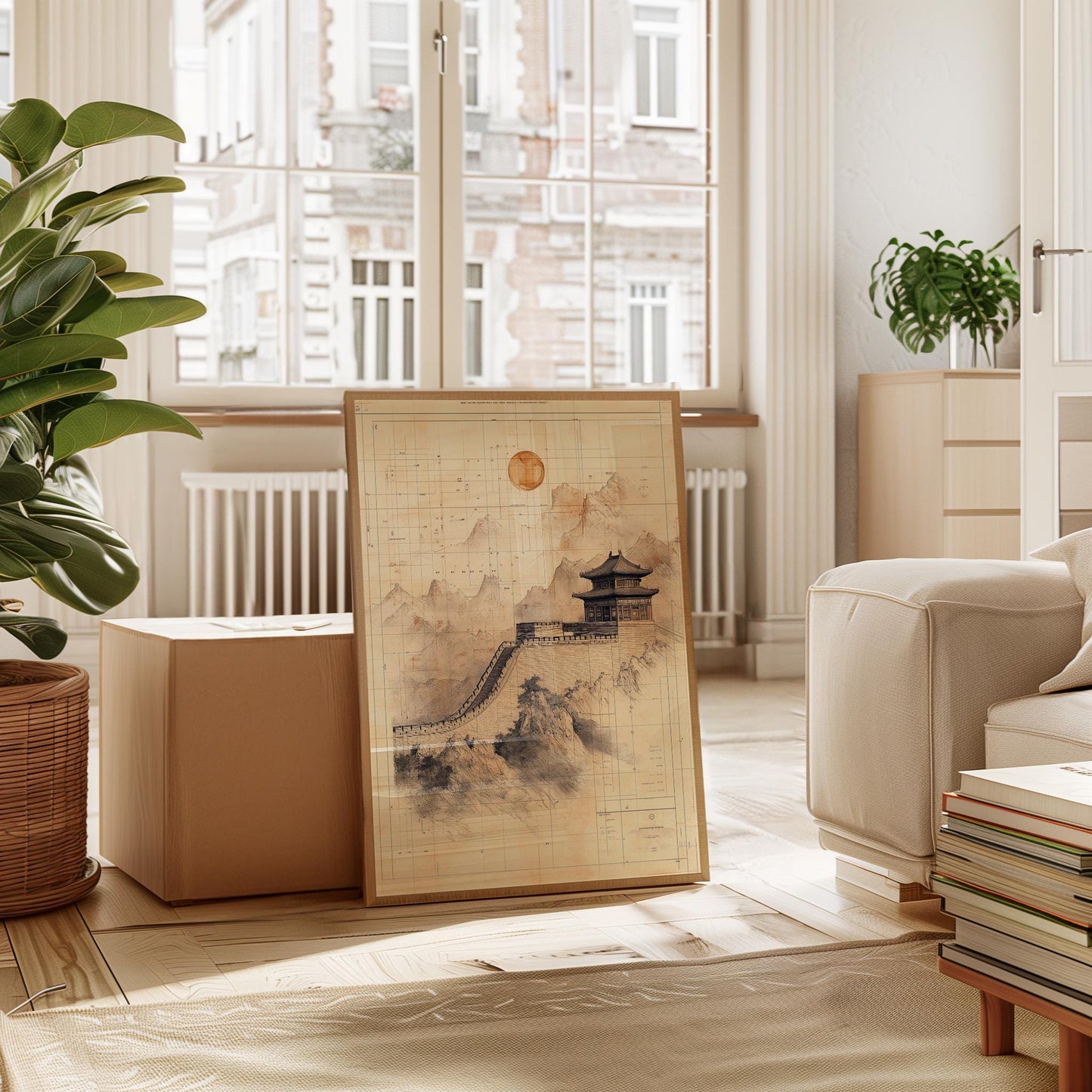 Vintage Wall Poster – Sepia Mountain Print With Asian Pagoda Art & Nostalgic Tones