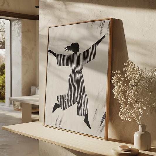 Figurative Canvas Wall Art Woman Jumping in Black and White Striped Outfit Modern Framed Painting