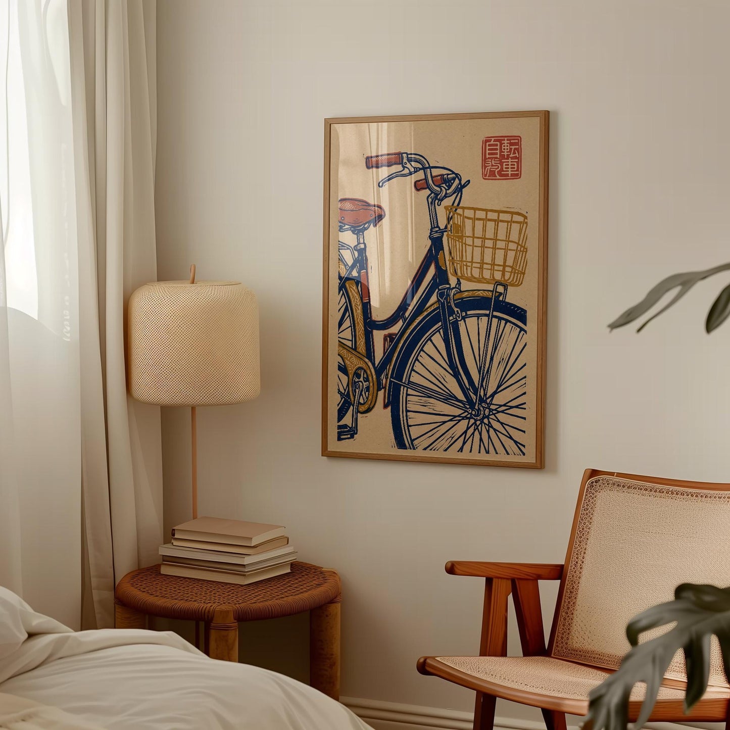 Retro Bicycle Print – Vintage Bike Art on Kraft Paper | Japanese Woodblock Style