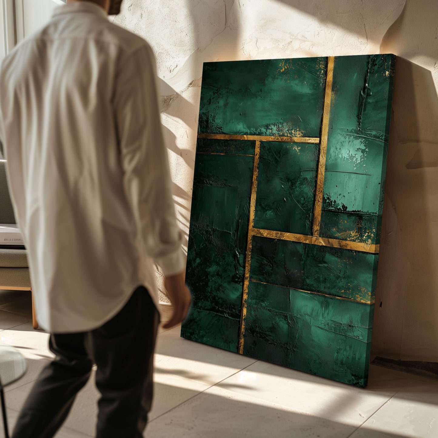 Emerald Green and Gold Geometric Giclée Canvas Print, Modern Abstract Textured Wall Art for Living Room or Office