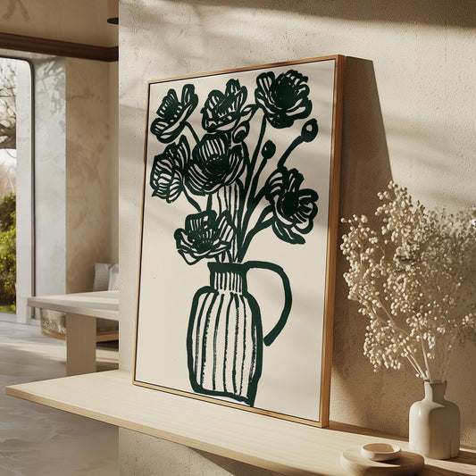Floral Canvas Wall Art Black Line Drawing of Flowers in Vase on White Background Modern Framed Print