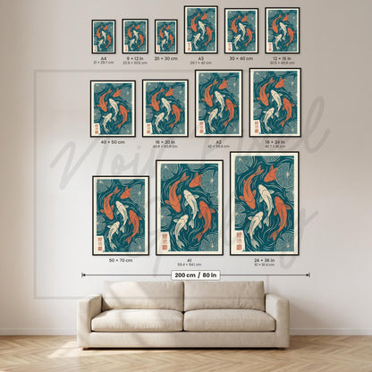 Koi Fish Art Print – Japanese Woodblock Print with Teal Orange Artwork