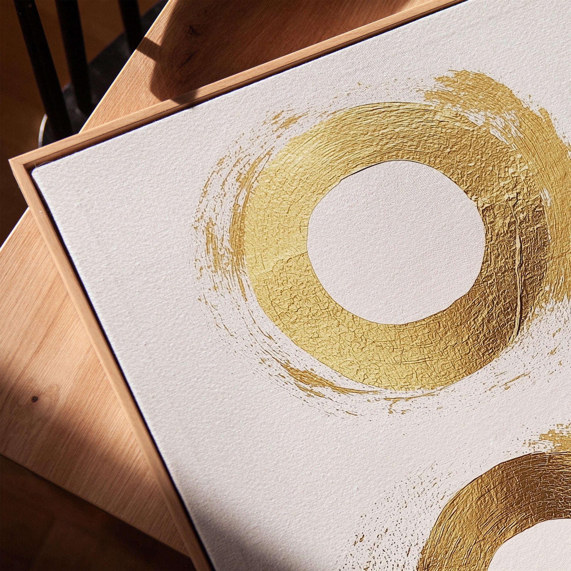 Golden Circle Abstract Canvas Art in Neutral Beige and White, Minimal Modern Wall Art for Dining Room or Office