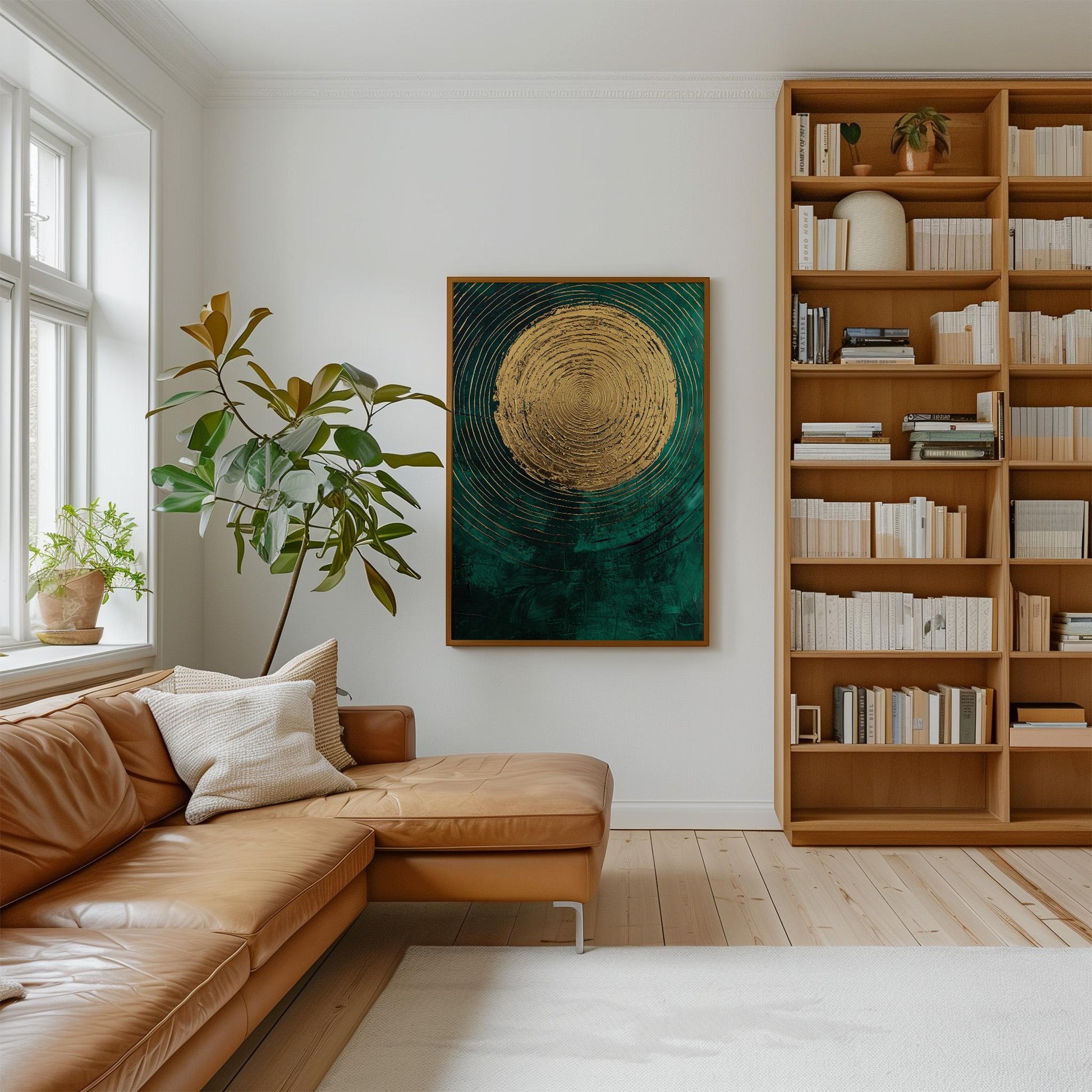 Emerald Green and Gold Sun Giclée Canvas Print, Modern Textured Abstract Wall Art for Dining Room or Living Space