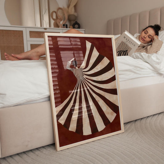 Abstract Woman Art Print – Modern Wall Decor | Striped Dress Canvas with Emerald Tones