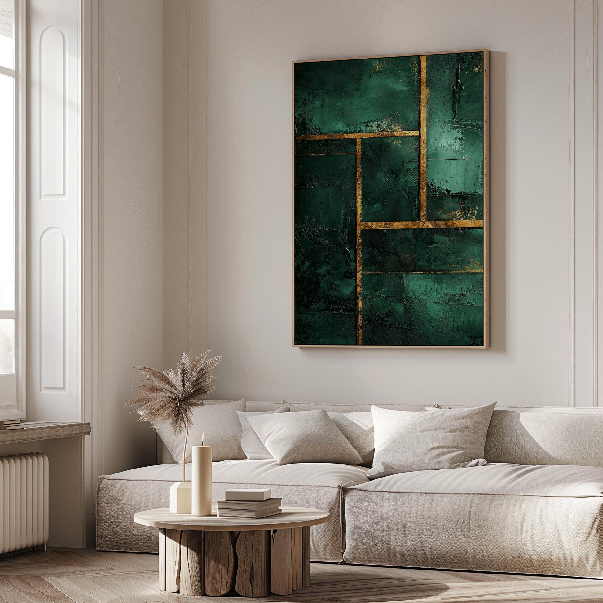 Emerald Green and Gold Geometric Giclée Canvas Print, Modern Abstract Textured Wall Art for Living Room or Office