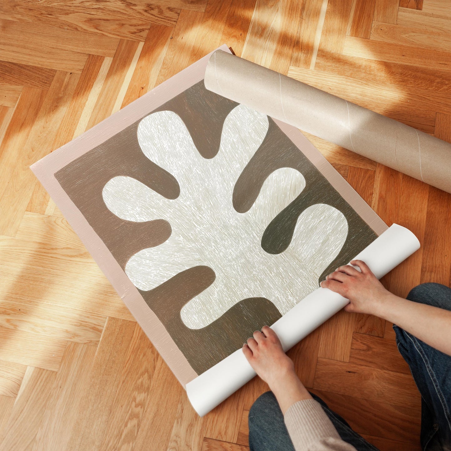 Abstract Leaf Form Canvas Art Neutral Beige and Brown Minimalist Print for Dining Room or Living Room, Modern Organic Wall Decor