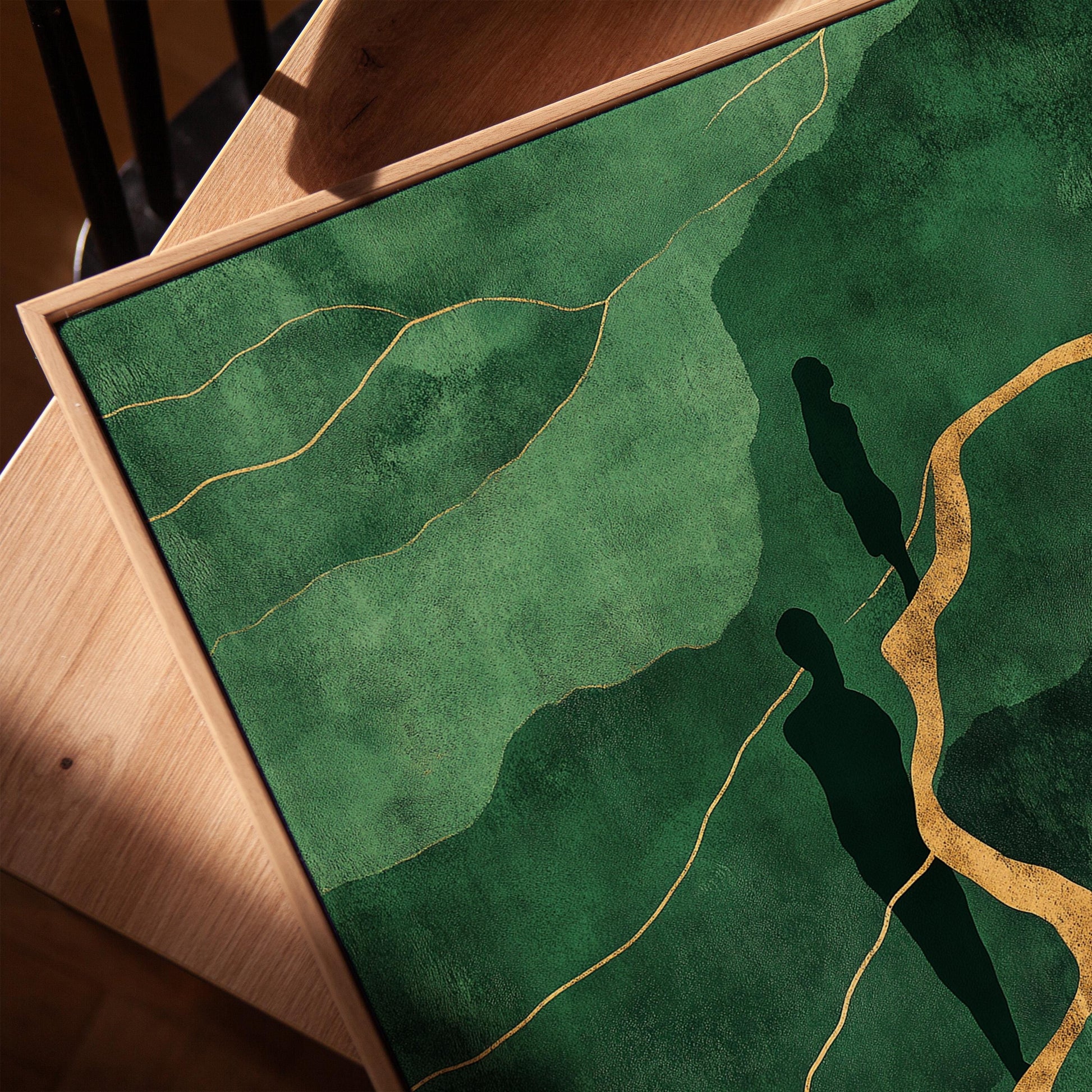 Emerald Green and Gold Canvas Wall Art with Silhouette Figures, Large Framed Painting for Living Room or Office Wall Decor