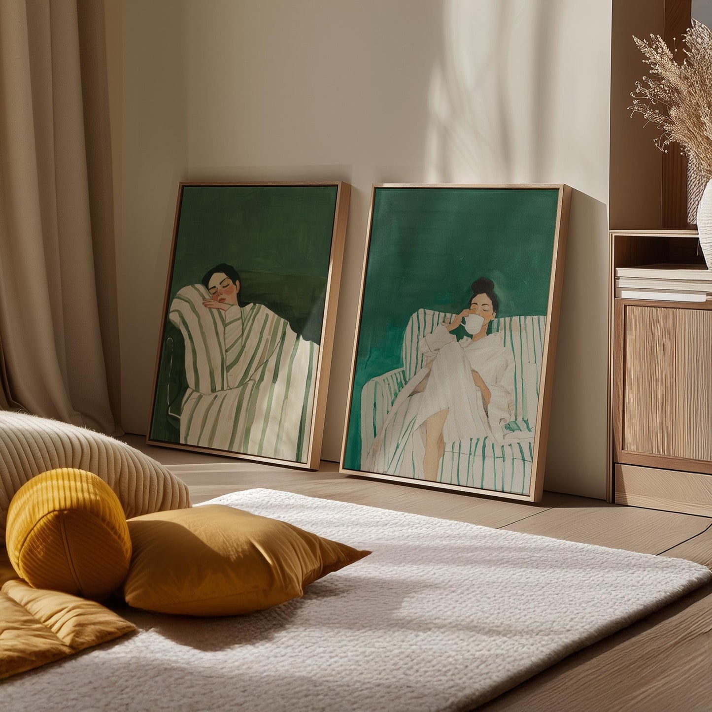 Emerald Green Wall Art - Sleeping Woman Painting | Set of Two Canvases, Modern Canvas Art
