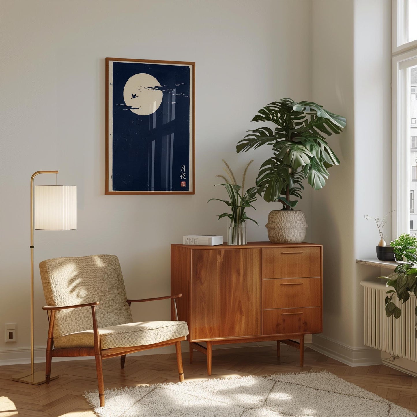 Japanese Art Print – Minimalist Moon Wall Art With Bird Silhouette & Navy Blue Sky