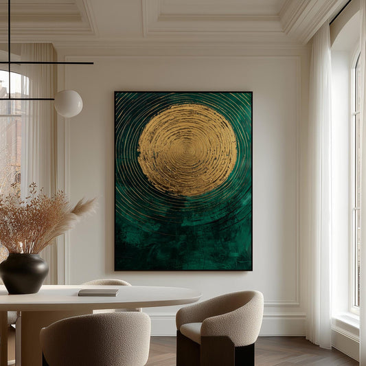 Emerald Green and Gold Sun Giclée Canvas Print, Modern Textured Abstract Wall Art for Dining Room or Living Space