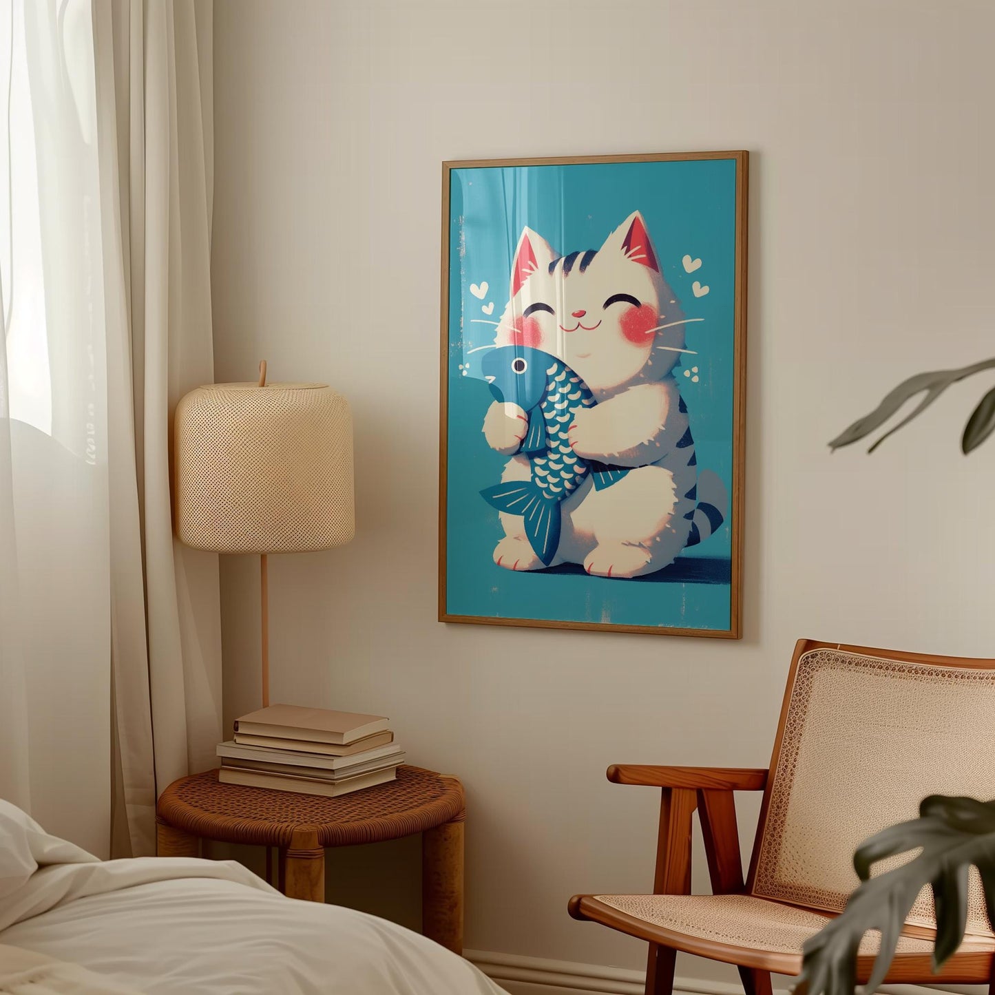 Maneki Neko Print – Japanese Lucky Cat Art With Blue Fish For Nursery Decor