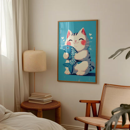Maneki Neko Print – Japanese Lucky Cat Art With Blue Fish For Nursery Decor