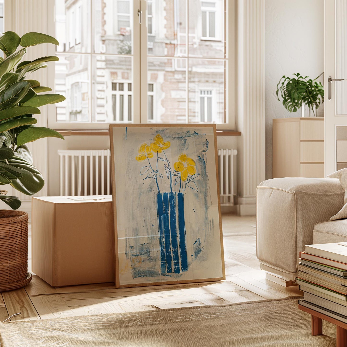Floral Wall Art Print – Yellow Flower Print with Blue Vase Poster, Abstract Botanical Art