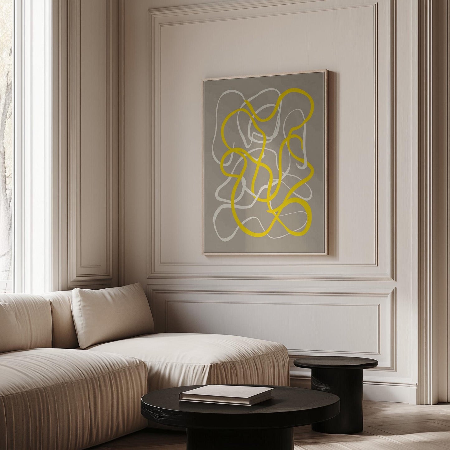 Yellow Abstract Line Giclée Canvas Print Modern Minimal Wall Art for Dining Room or Creative Studio